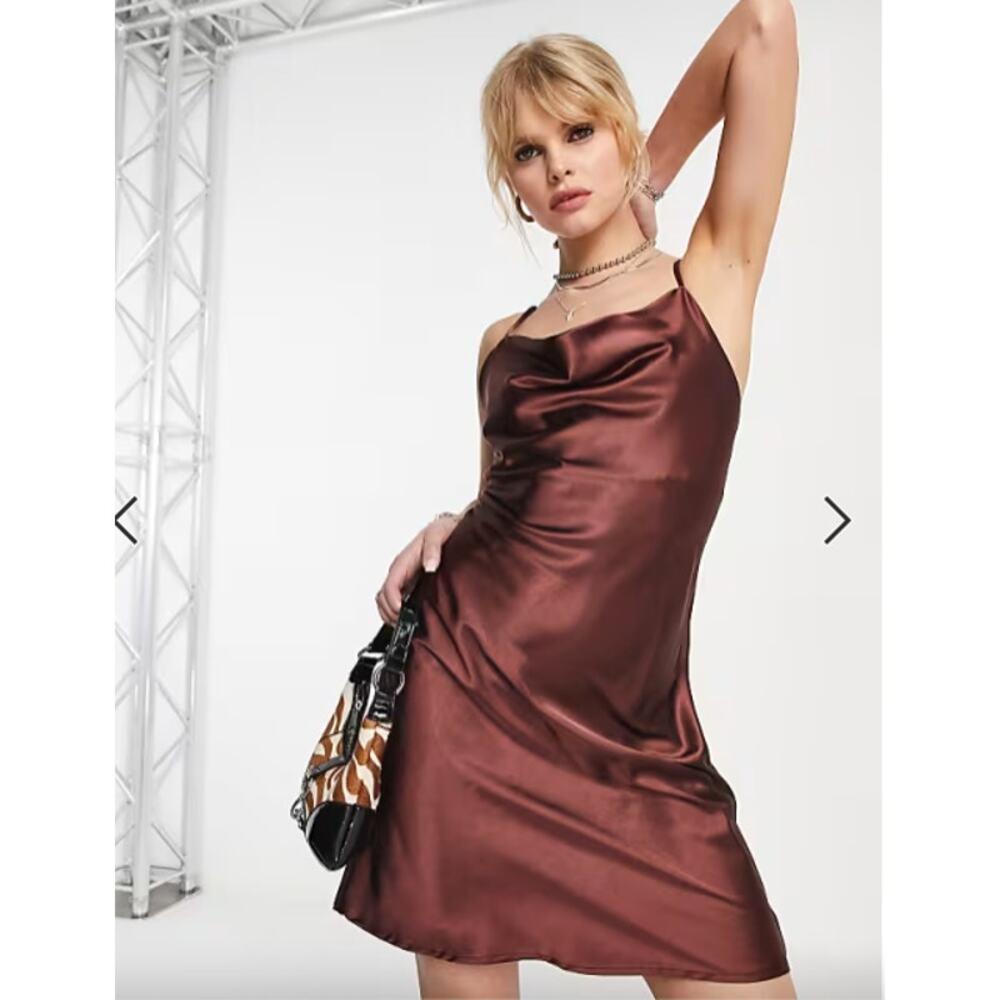 Flounce London Satin Cowl Neck Mini Slip Dress In Chocolate Brown Womens Size 6